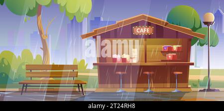 Straßencafé im Freien im Stadtpark mit Regenvektor-Illustration. Cafeteria-Bar im Freien mit Kaffee und Stuhl. Sommerregenszene mit Bistrofassade Hintergrund. Wasserpfützen auf der Straße in der Nähe der Bank Stock Vektor