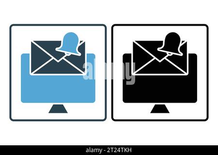 Symbol für E-Mail-Benachrichtigung. Computer mit Glocke und Ausrufezeichen. Symbol für Warnung, Benachrichtigung. Geeignet für App, Benutzeroberflächen usw. Durchgehend Stock Vektor