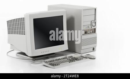 Generische Vintage 90's style Computer auf weißem Hintergrund. 3D-Darstellung. Stockfoto