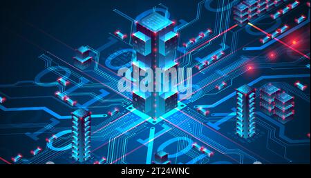 Isometrisches Big-Data-Konzept, Datenbank. Abstrakter technologischer Hintergrund. Vektorabbildung Stock Vektor