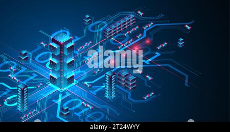 Isometrisches Big-Data-Konzept, Datenbank. Abstrakter technologischer Hintergrund. Vektorabbildung Stock Vektor