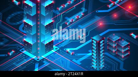 Isometrisches Big-Data-Konzept, Datenbank. Abstrakter technologischer Hintergrund. Vektorabbildung Stock Vektor