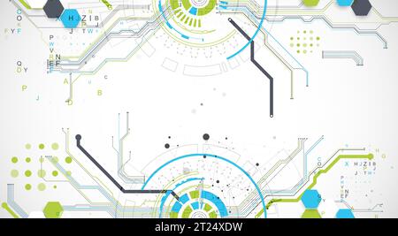 Abstrakter Hintergrund mit Plexuseffekt. Wissenschaftliches und technologisches Konzept unter Verwendung von technischen Elementen, die in Form eines Kreises gebildet werden. Stock Vektor