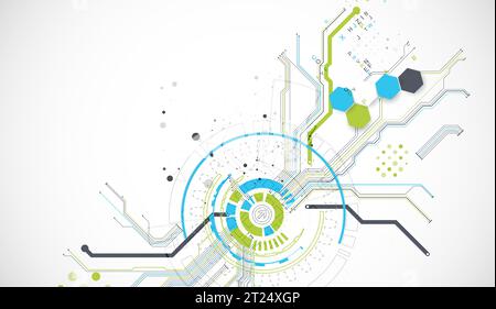 Abstrakter Hintergrund mit Plexuseffekt. Wissenschaftliches und technologisches Konzept unter Verwendung von technischen Elementen, die in Form eines Kreises gebildet werden. Stock Vektor