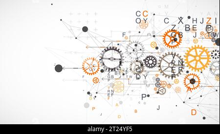 Abstrakter technologischer Hintergrund mit Buchstaben, Zahnrädern und Plexus-Effekt. Vektor Stock Vektor