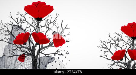 Kunstkonzept. Abstrakte Berge mit der Silhouette eines Baumes und roten Mohnblumen. Stock Vektor