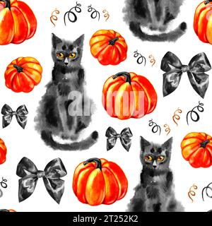 Nahtloses Halloween-Muster. Handzeichnung. Kürbisse, Katze, Bögen. Stockfoto