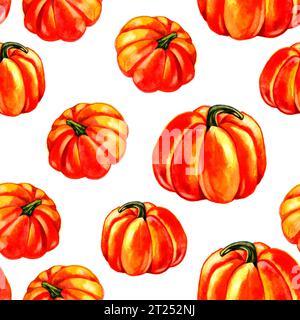 Halloween Kürbisse nahtloses Muster. Handgezeichnetes Aquarell. Stockfoto