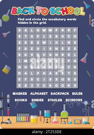 In einem Logikspiel finden Sie versteckte Wörter und verbessern die Englischkenntnisse mit einer Puzzle-Vorlage zum Thema Wortsuche Stock Vektor