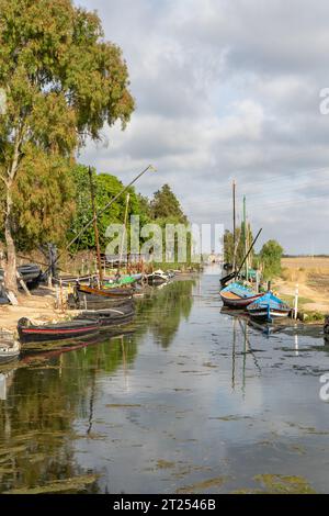 Traditionelle Segelboote aus Lateen, die in einem Kanal, der als Hafen von Catarroja bekannt ist, in der Nähe von Valencia, Spanien, vor Anker gebracht werden. Naturpark Albufera. Angeln und Landwirtschaft Stockfoto