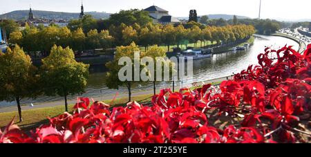 Herbstlich ist der Blick von der Saarbrücker Schloßmauer auf Saar und Staatstheater am Montag 16.10.2023. *** Herbstlich ist der Blick von der Saarbrücker Burgmauer auf Saar und Staatstheater am Montag, 16 10 2023 Bub Credit: Imago/Alamy Live News Stockfoto