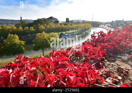 Herbstlich ist der Blick von der Saarbrücker Schloßmauer auf Saar und Staatstheater am Montag 16.10.2023. *** Herbstlich ist der Blick von der Saarbrücker Burgmauer auf Saar und Staatstheater am Montag, 16 10 2023 Bub Credit: Imago/Alamy Live News Stockfoto