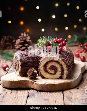 Nahaufnahme einer Weihnachtsschokolade (Buche de Noel) auf einem hölzernen Schneidebrett Stockfoto
