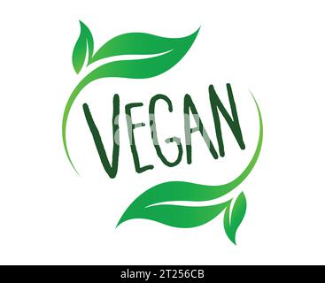 Eleganter grüner veganischer Vegetarier-Symbolvektor mit zwei Blättern, isoliert auf weißem Hintergrund Stock Vektor