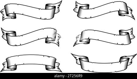 Stilvolle einfache breite Vintage Tattoo Band Banner Set zerrissen und zerrissene fließende Rolle leere Linienstruktur Kontur Vektor isoliert auf weißem Hintergrund Stock Vektor