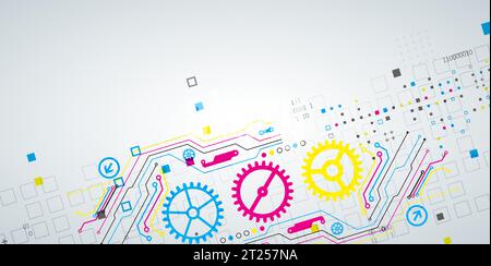 Abstrakter technologischer Hintergrund mit verschiedenen Elementen. CMYK-Konzept. Vektor Stock Vektor