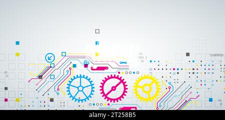Abstrakter technologischer Hintergrund mit verschiedenen Elementen. CMYK-Konzept. Vektor Stock Vektor