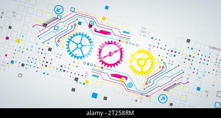 Abstrakter technologischer Hintergrund mit verschiedenen Elementen. CMYK-Konzept. Vektor Stock Vektor