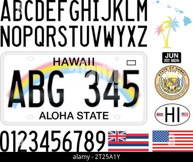 Hawaii US State Car-Kennzeichen, Buchstaben, Zahlen und Symbole, Vektorillustration, USA Stock Vektor