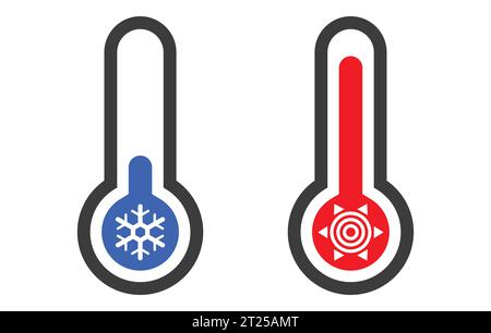 Einfaches klassisches kaltblaues und heißes rotes Glasthermometer Temperatursymbol setzt Umriss-Silhouettenvektor isoliert auf weißem Hintergrund Stock Vektor