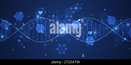 Leuchtende Neon-DNA-Kette. Biotechnologie, Biochemie, Wissenschaft, Medizinkonzept. Vorlage für genetische Engeneering. Stock Vektor