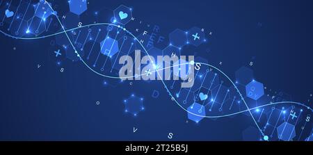 Leuchtende Neon-DNA-Kette. Biotechnologie, Biochemie, Wissenschaft, Medizinkonzept. Vorlage für genetische Engeneering. Stock Vektor