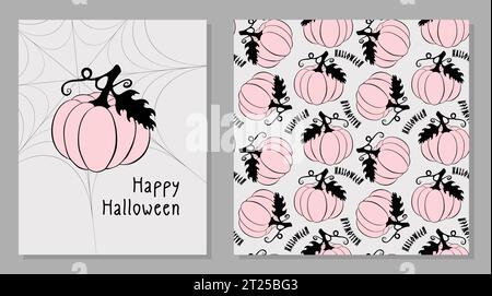 Halloween Set Happy Halloween Poster mit handgezeichnetem Kürbis und Muster mit rosa Kürbissen und Schriftzug. Vektorabbildung Stock Vektor