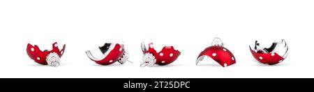 Zersplitterte Weihnachtskugel auf weißem Hintergrund. Weihnachtskugelfragmente. Stockfoto