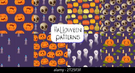 Halloween-Set mit nahtlosem Muster auf lila Hintergrund. Stock Vektor