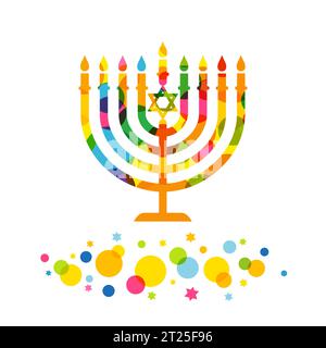 Bunte hanukkah-Menora mit farbigen Konfetti und Sternen. Jüdisches Lichterfest, Menora-Kerzensymbol. Vektorabbildung Stock Vektor