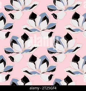 Muster mit wunderschöner Magnolie, glamourösem und elegantem rosa Hintergrund aus Blumen, Mode, Schönheit, Kosmetik, Luxus und Chic. Vektorabbildung Stock Vektor