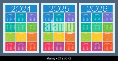 Farbenfroher Kalender für 2024, 2025 und 2026 Jahre. Die Woche beginnt am Sonntag. Designvorlage für vertikalen Kalender. Basisraster. Isolierte Vektordarstellung. Stock Vektor