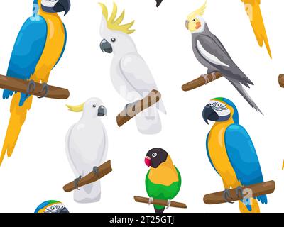 Vektor tropisches nahtloses Muster mit australischen Papageien. Cartoon süßer Liebesvogel, Kakadu, ara, Ara, der auf einem Zweig sitzt. Sprechen Sie hell und realistisch Stock Vektor