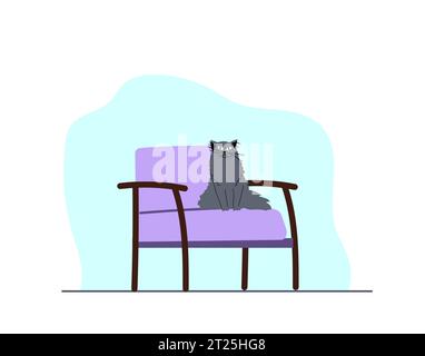 Haustier der Katze, das auf einem Sessel sitzt. Kätzchen mit Cartoon-Charakter in ernster Stimmung auf einem klassischen Vintage-Stuhl. Stock Vektor