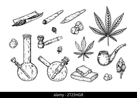 Werkzeuge zum Rauchen von Unkraut. Cannabisgelenk. Handgezeichneter Marihuana-Spliff. Glashanfbong. Tabakpfeife. Vektorabbildung im Skizzenstil Stock Vektor