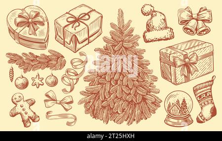 Weihnachtskonzept. Handgezeichnete Retro-Objekte zur Weihnachtsdekoration. Vektorillustration für Vintage-Skizzen Stock Vektor