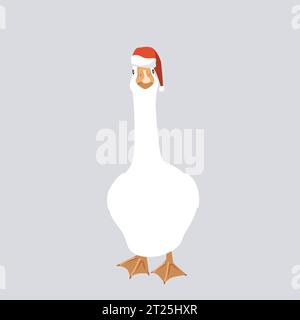 Große weiße Gans in Santa Claus Helferhut isoliertes Designelement. Lustige und niedliche Gänsevektorillustration in voller Länge. Weihnachtsvogel auf dem Bauernhof Stock Vektor