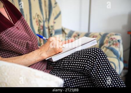 Nahaufnahme einer Person, die auf ein Notizbuch schreibt. Erwachsene Person, die auf einem Sofa sitzt und mit einem Tintenstift und in einem Notizbuch einen Text schreibt. Stockfoto
