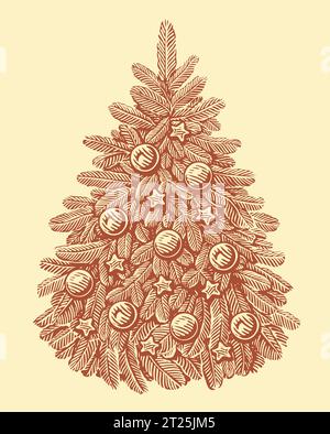 Weihnachtsbaum dekoriert mit Kugeln und Lichtern. Hand gezeichnete Feiertagsvektor-Illustration im Stich-Stil Stock Vektor