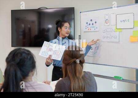 ux-Entwickler und ui-Designer präsentieren und testen das Design der Benutzeroberfläche für mobile Apps auf dem Whiteboard in Meetings in modernen Büros. Kreativ digital Stockfoto