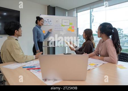Brainstorming Planung kreativer Teamarbeit, Nahaufnahme der Hände, Besprechung des Entwicklerteams der Mobiltelefon-App über das Layout des Prototyps für Smartphones mit Bildschirmanzeige Stockfoto