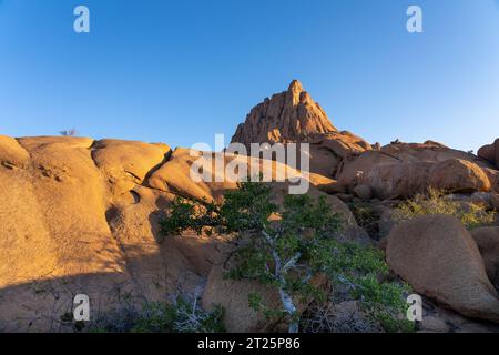 Die Spitzkoppe (auch „Spitzkop“ oder „Matterhorn von Namibia“ genannt) ist eine Gruppe von glatten Granitgipfeln, die sich zwischen Usakos an befinden Stockfoto