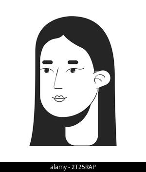Asiatische langhaarige Frau schwarz-weiße 2D-Zeichentrickfigur Kopf Stock Vektor