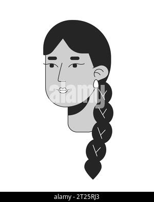 südasiatische Frau mit langem geflochtenen schwarz-weißen 2D-Zeichentrickfigurenkopf Stock Vektor