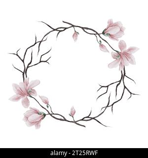 Kranz aus Aquarell blühender Magnolie mit trockenen Ästen, isoliert auf weißem Hintergrund. Handgezeichneter minimalistischer Kreisrahmen. Stockfoto