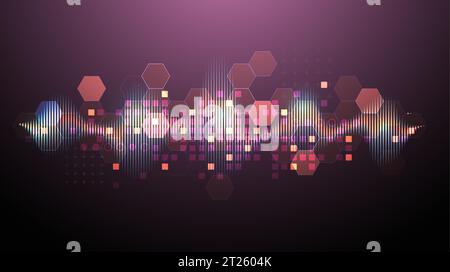 Schallwelle mit glühenden Hexagonen. Hintergrundbild für dynamische Vibrationen. Abbildung des Vektors der Frequenzpulsmodulation. Stock Vektor