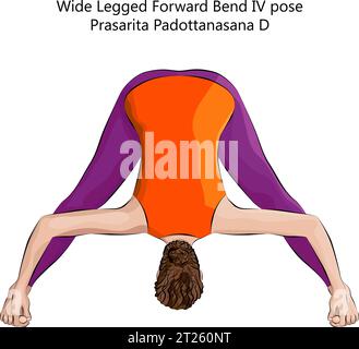 Junge Frau beim Yoga Prasarita Padottanasana D. Weitbeinige Vorwärtsbeuge 4 Pose. Mittlere Schwierigkeit. Isolierte Vektordarstellung. Stock Vektor