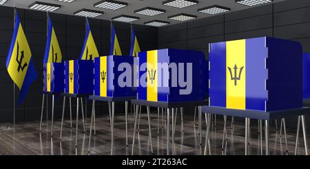 Barbados - Wahlkabinen und Nationalflaggen im Wahllokal - Wahlkonzept - 3D-Illustration Stockfoto