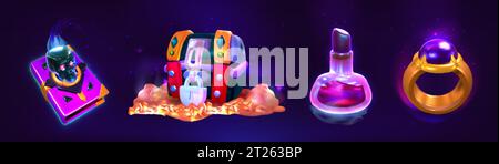 Fantasy-Requisiten, Spielmaterial Cartoon-Vektor-Set. Tränkflasche, Zauberbuch mit Schädel, Schatzkiste mit goldenen Münzen und Ring mit Edelstein. Spielgegenstände auf dunklem Hintergrund. Designelemente der alten gui Stock Vektor