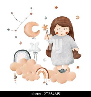 Aquarell-Kinderkomposition mit dem Sternzeichen Virgo, Puppe, Wolke, Sternen, Mond und Sternbild. Zum Drucken, Verpacken, Ansichtskarten, Bro Stockfoto